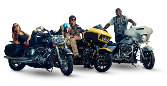 3 bikers and motorcycles